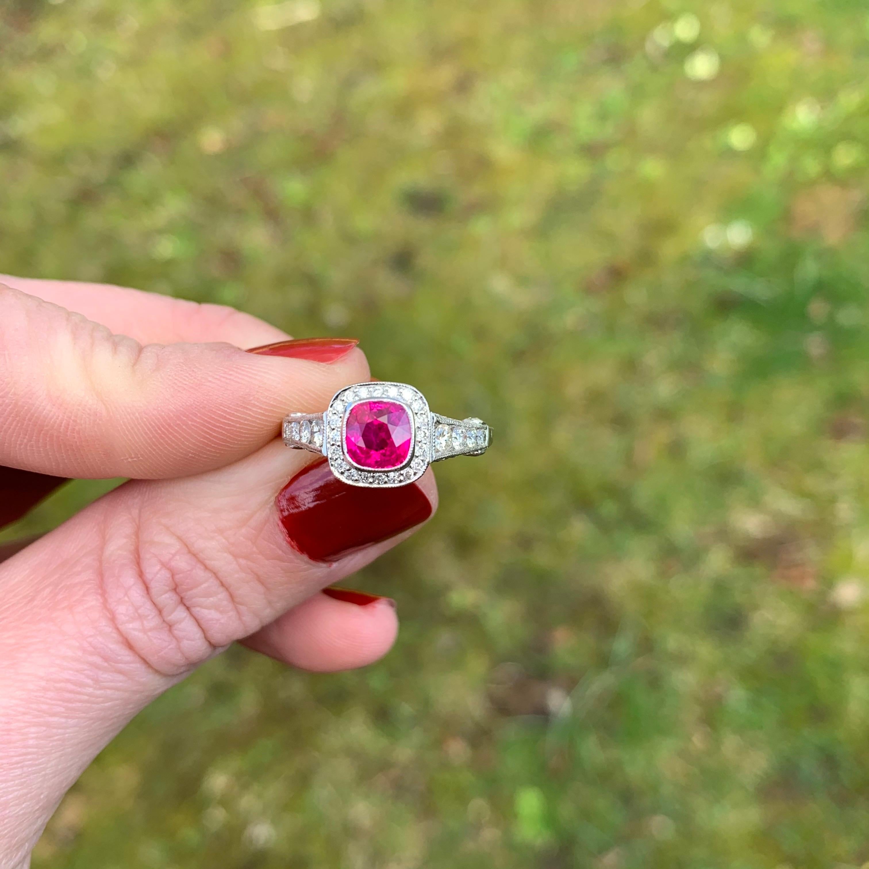 Cushion Cut Ruby and Diamond Cluster Ring 18 Karat White Gold For Sale 5