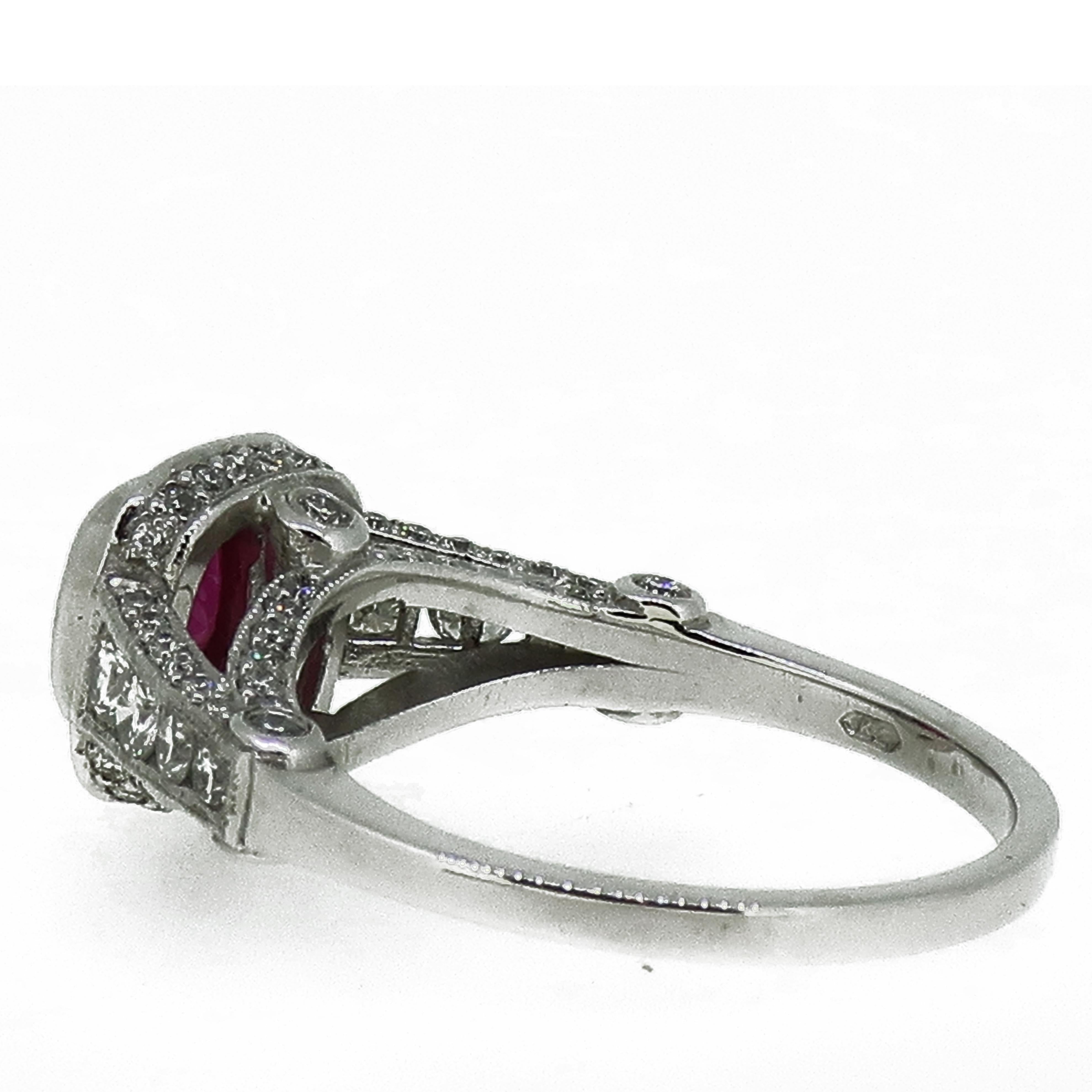 Contemporary Cushion Cut Ruby and Diamond Cluster Ring 18 Karat White Gold For Sale