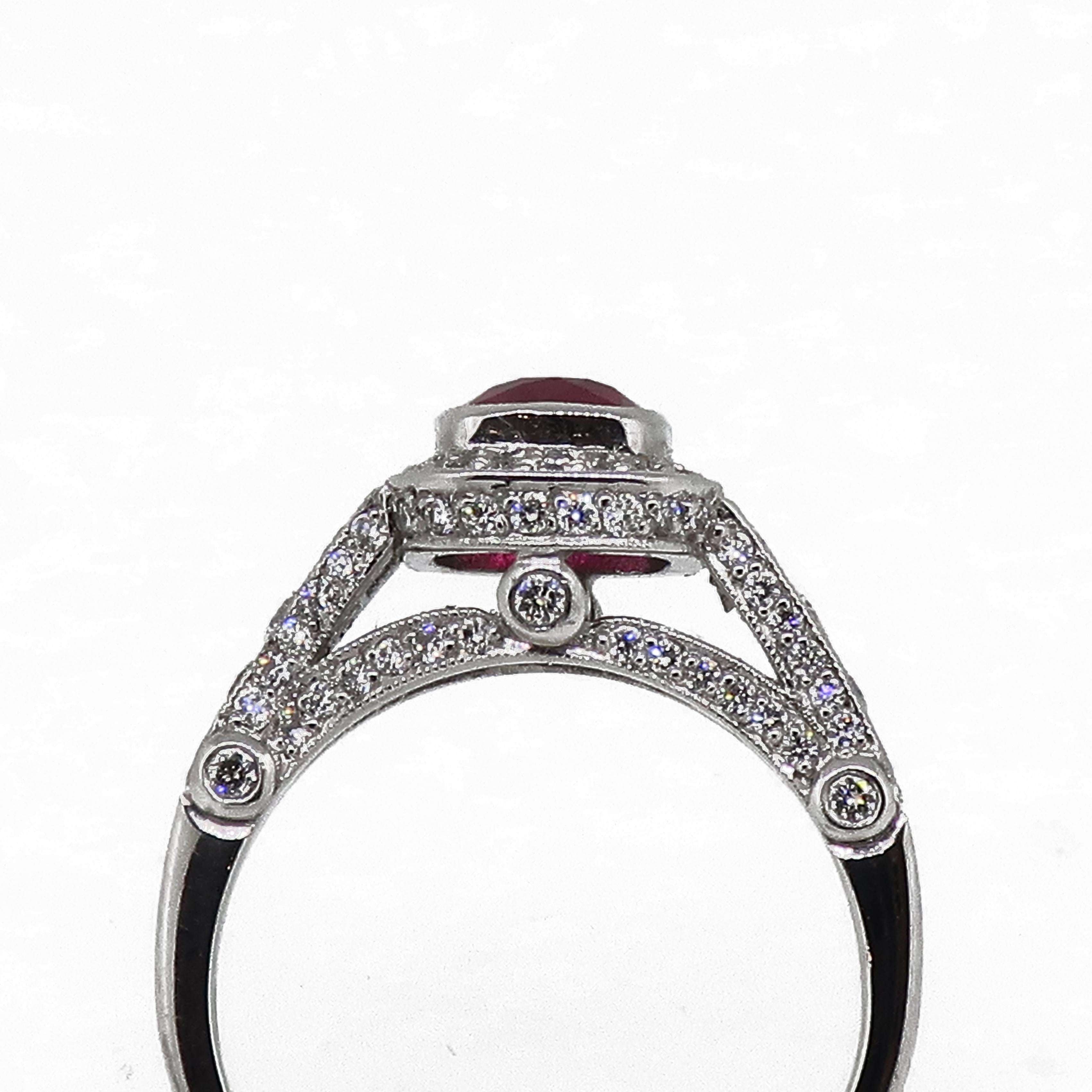 Cushion Cut Ruby and Diamond Cluster Ring 18 Karat White Gold For Sale 1