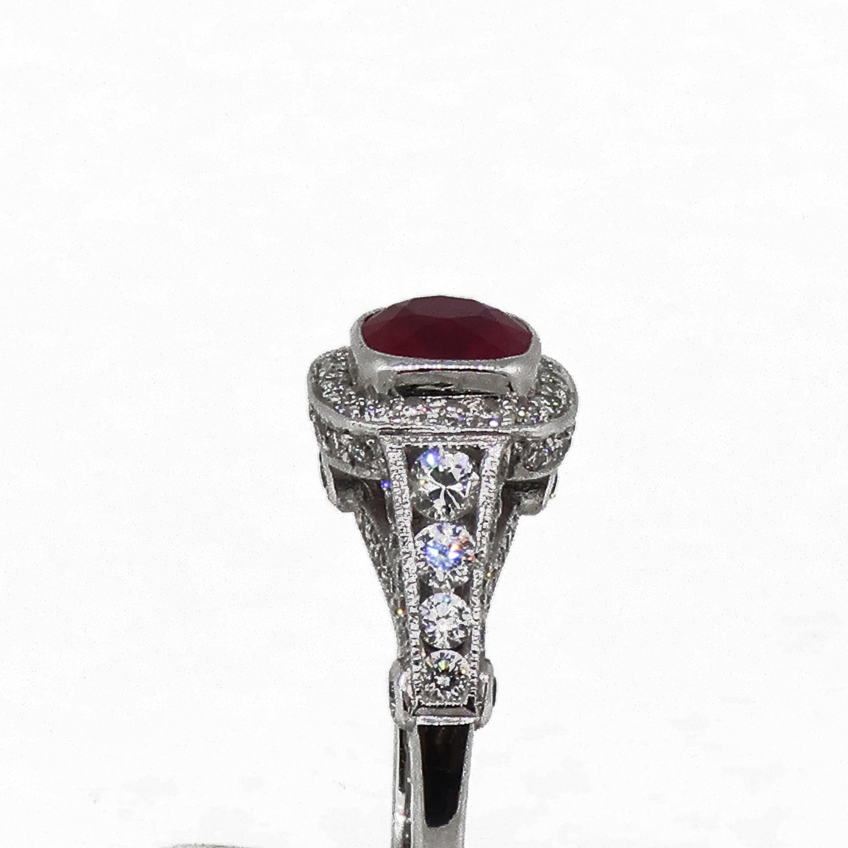 Cushion Cut Ruby and Diamond Cluster Ring 18 Karat White Gold For Sale 2