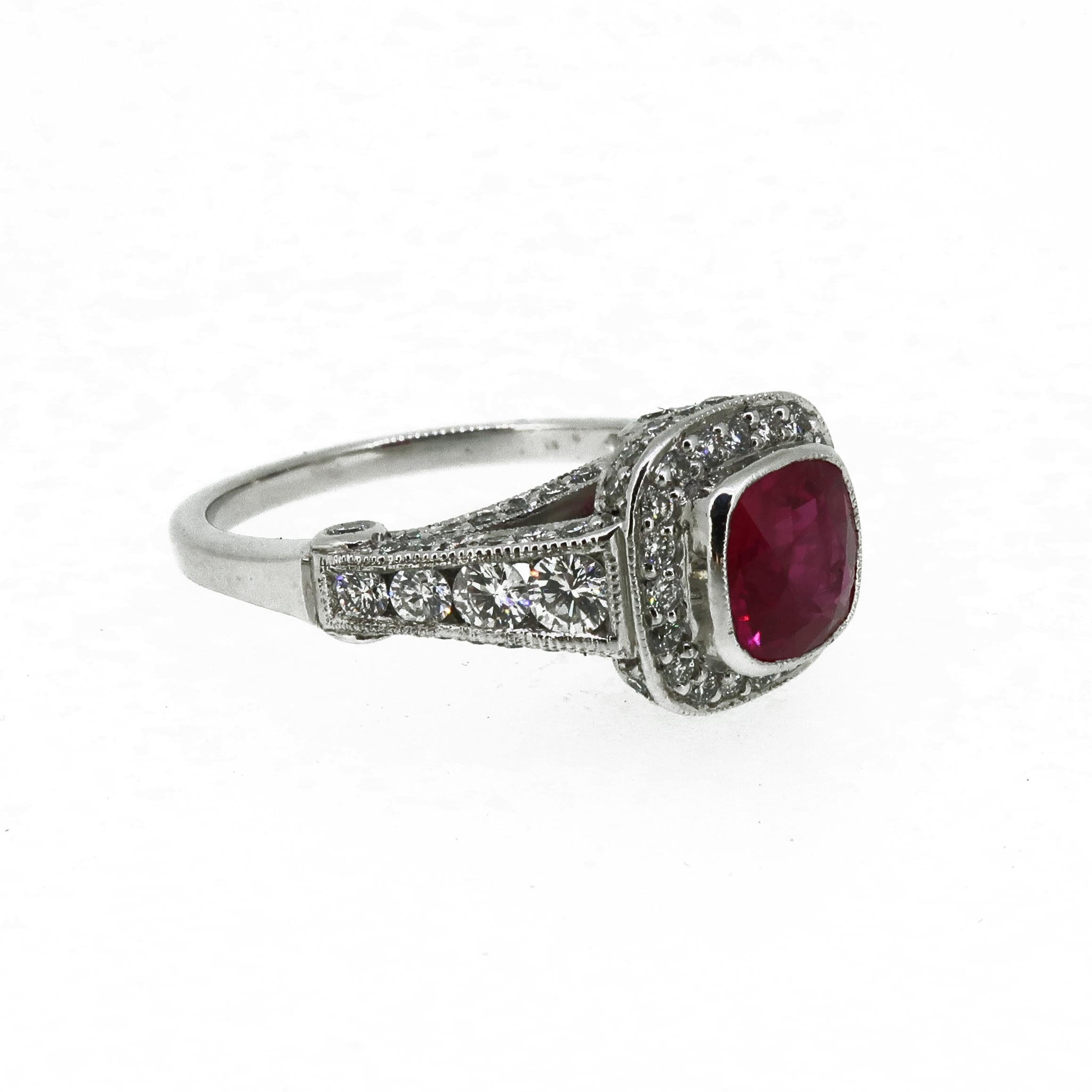 Cushion Cut Ruby and Diamond Cluster Ring 18 Karat White Gold For Sale 4