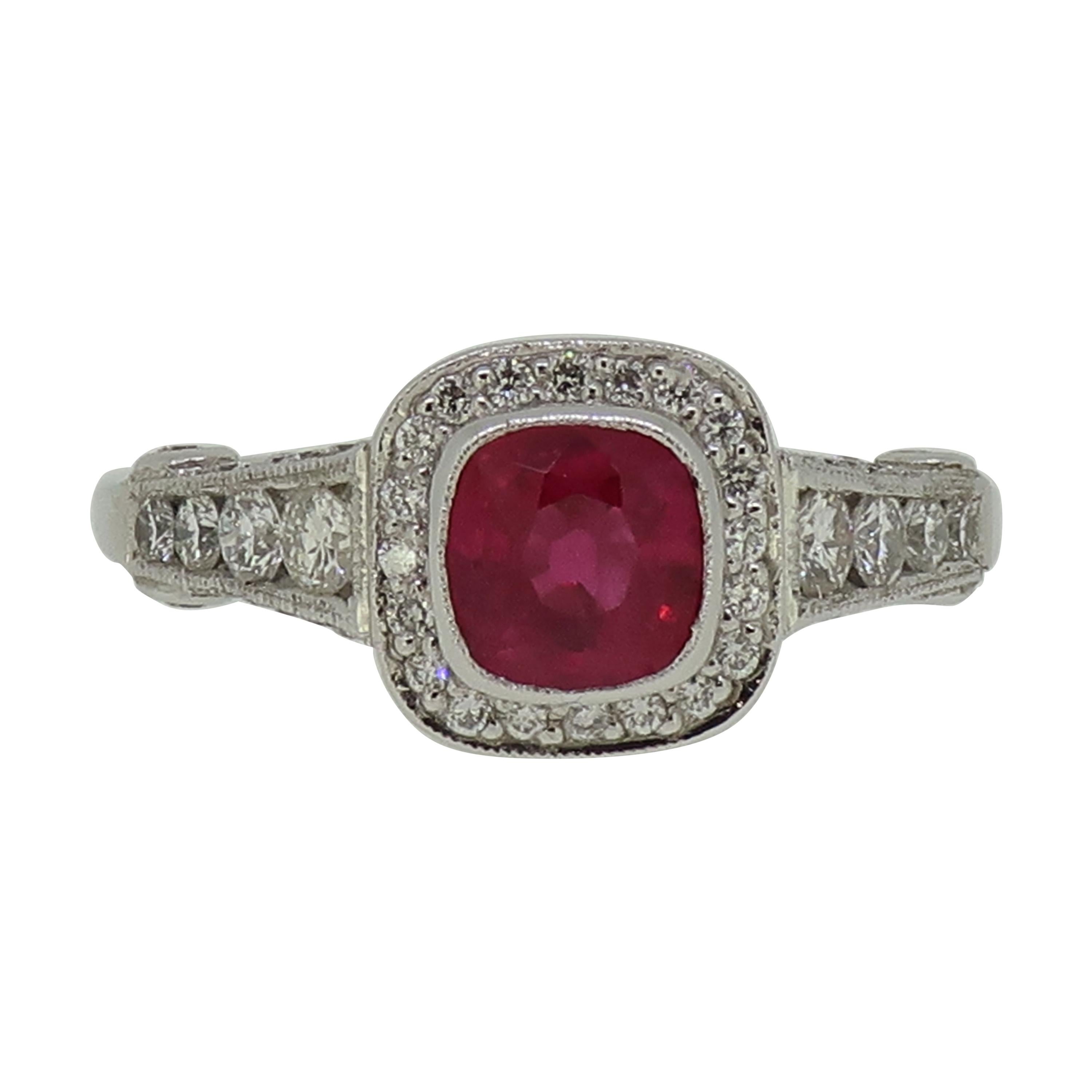 Cushion Cut Ruby and Diamond Cluster Ring 18 Karat White Gold For Sale