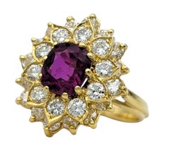 Cushion Cut Ruby and Double Diamond Halo Cocktail Ring in 18 Karat Yellow Gold