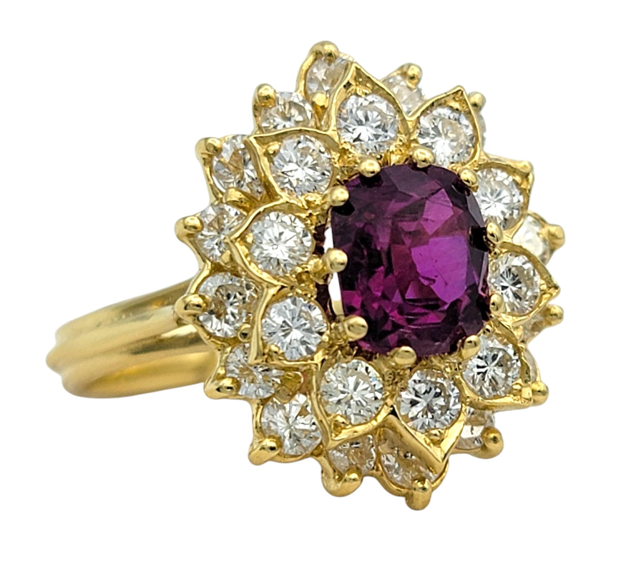 Contemporary Cushion Cut Ruby and Double Diamond Halo Cocktail Ring in 18 Karat Yellow Gold For Sale