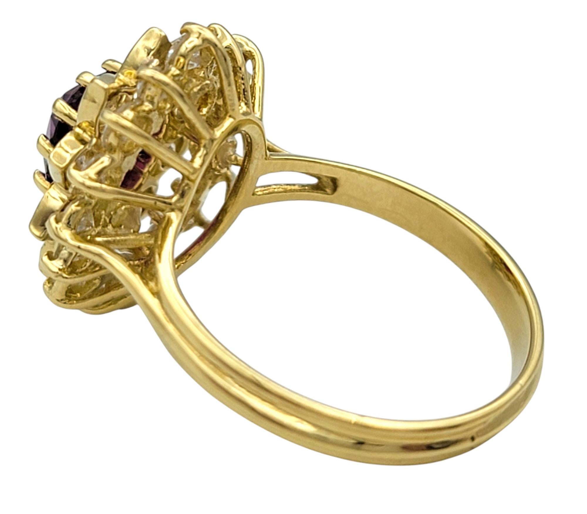 Cushion Cut Ruby and Double Diamond Halo Cocktail Ring in 18 Karat Yellow Gold In Good Condition For Sale In Scottsdale, AZ