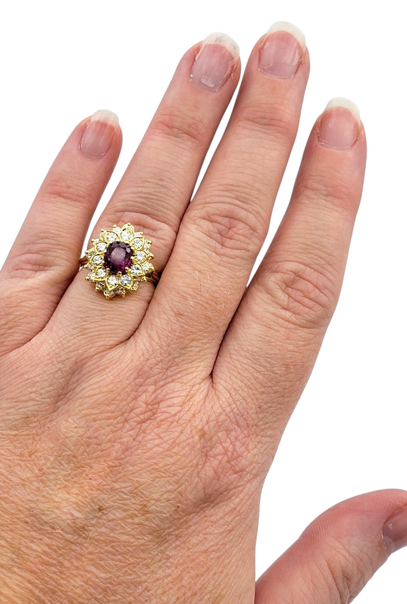 Women's Cushion Cut Ruby and Double Diamond Halo Cocktail Ring in 18 Karat Yellow Gold For Sale