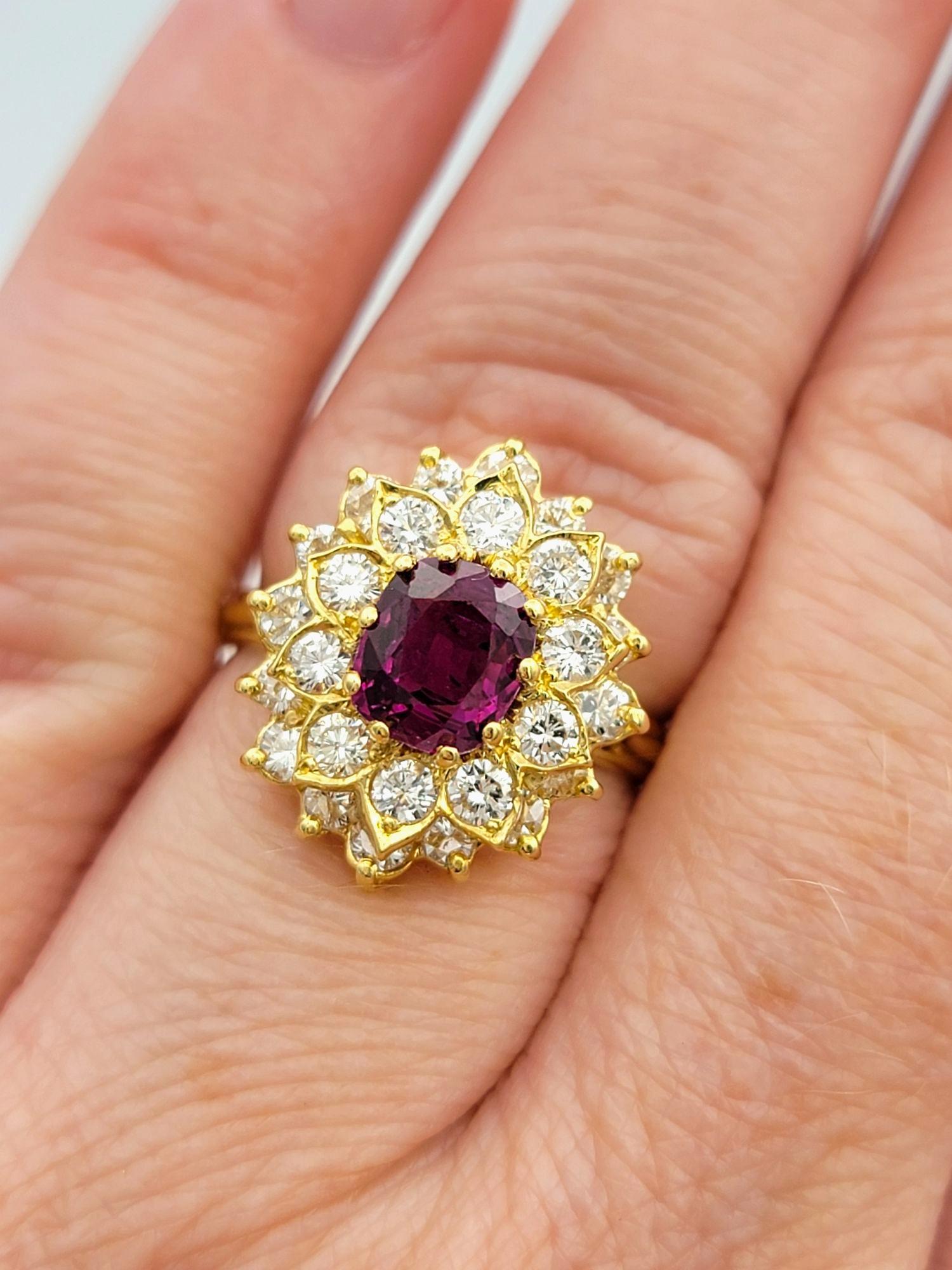 Cushion Cut Ruby and Double Diamond Halo Cocktail Ring in 18 Karat Yellow Gold For Sale 1