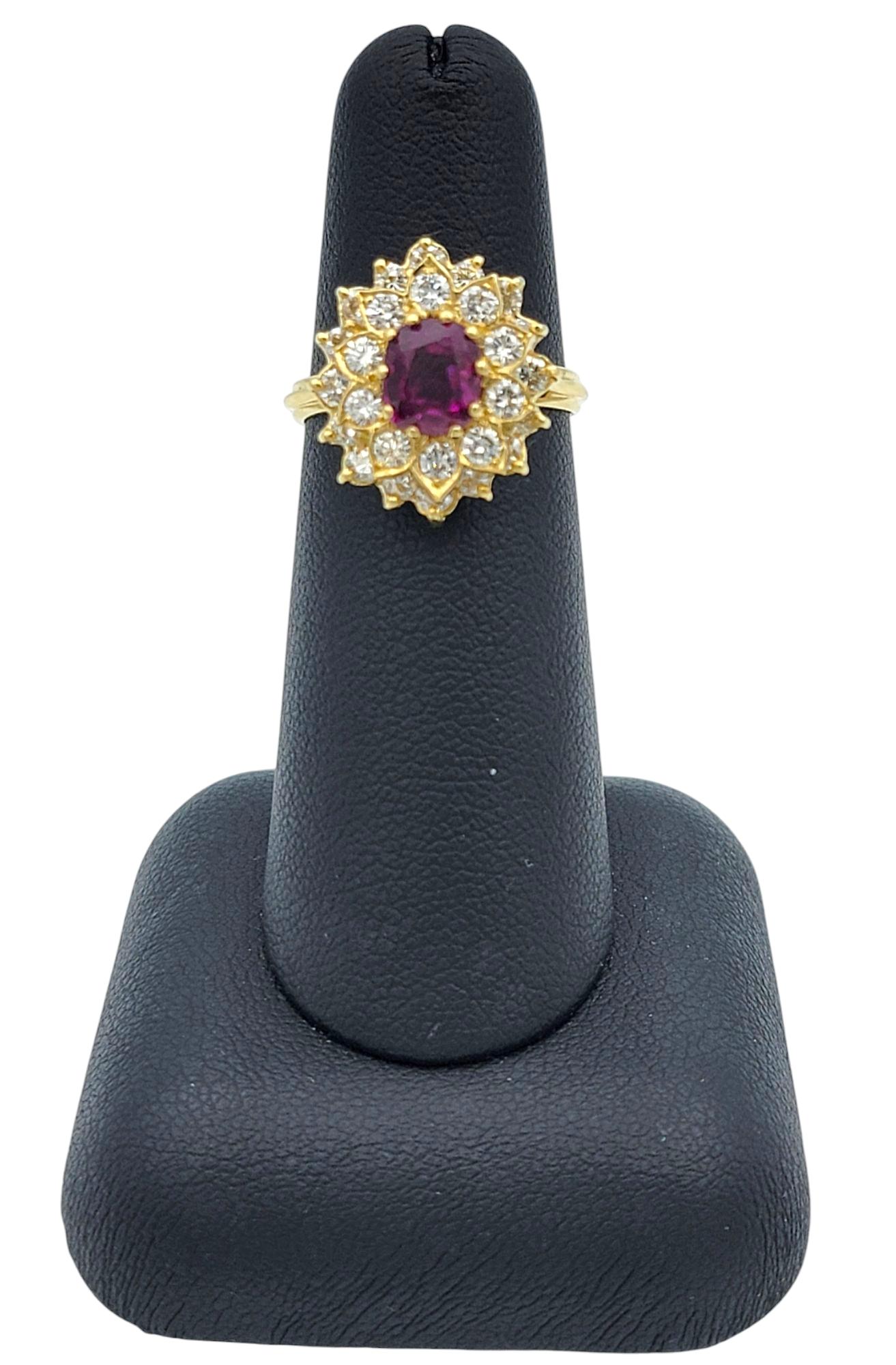 Cushion Cut Ruby and Double Diamond Halo Cocktail Ring in 18 Karat Yellow Gold For Sale 2