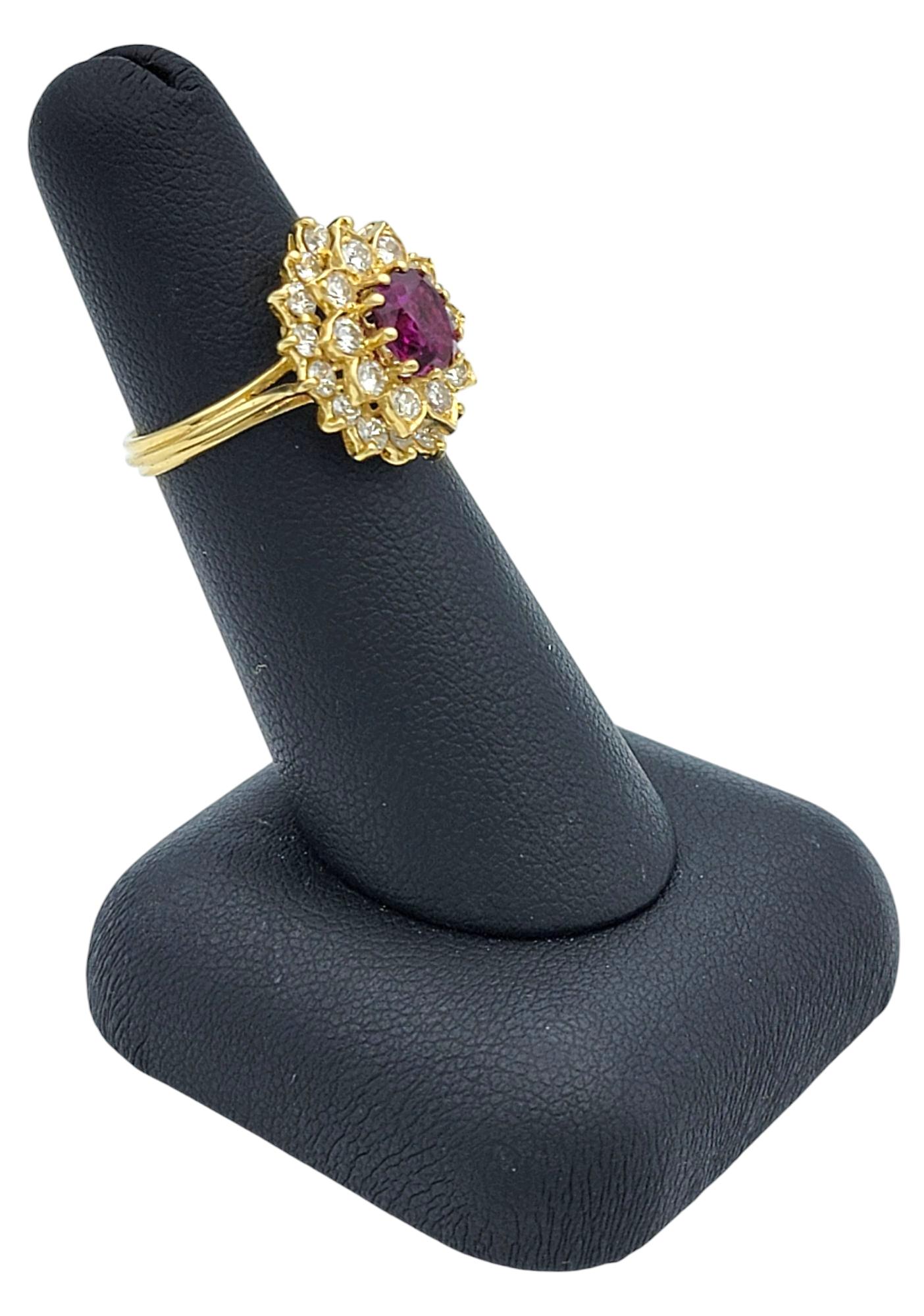 Cushion Cut Ruby and Double Diamond Halo Cocktail Ring in 18 Karat Yellow Gold For Sale 3