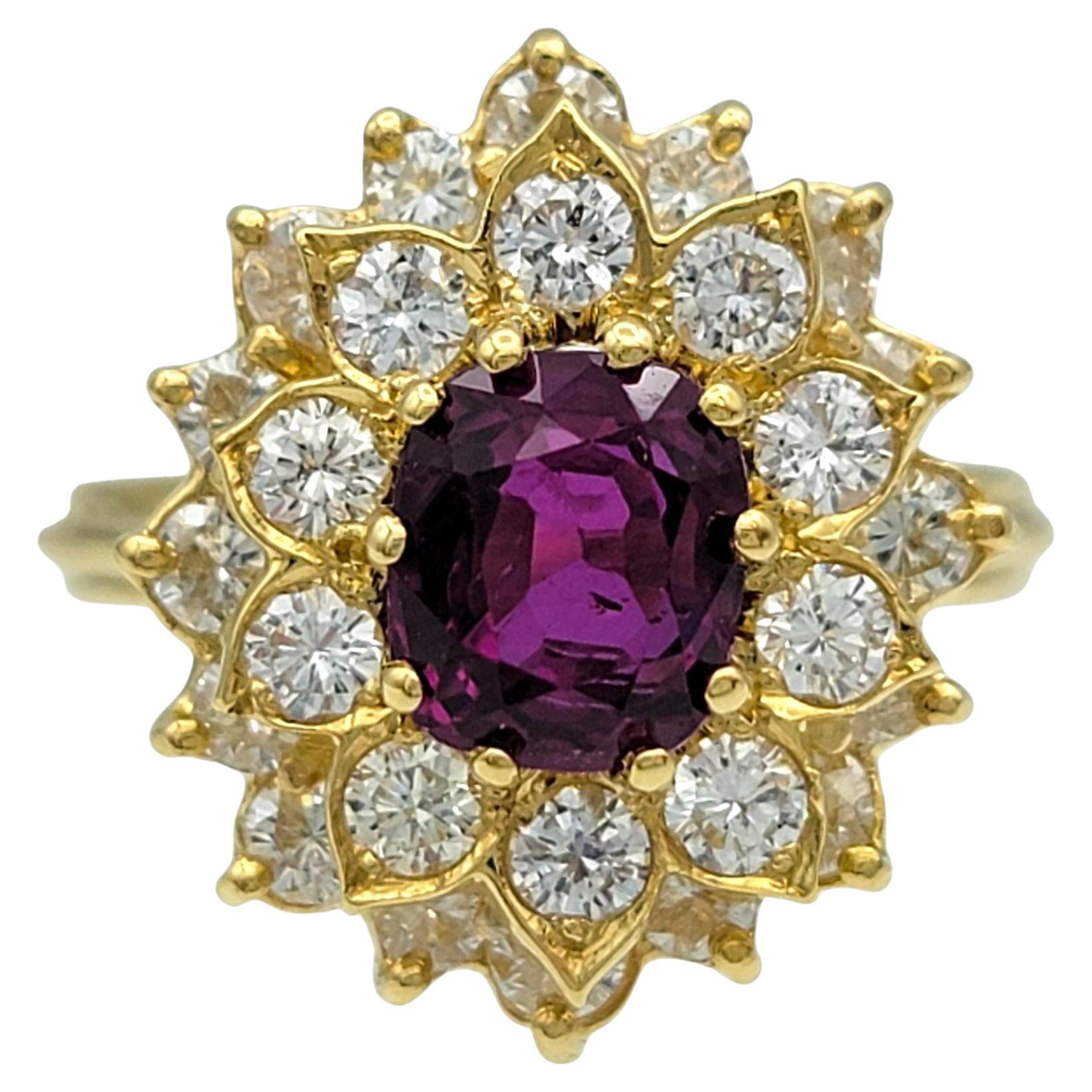Cushion Cut Ruby and Double Diamond Halo Cocktail Ring in 18 Karat Yellow Gold
