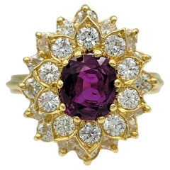 Cushion Cut Ruby and Double Diamond Halo Cocktail Ring in 18 Karat Yellow Gold