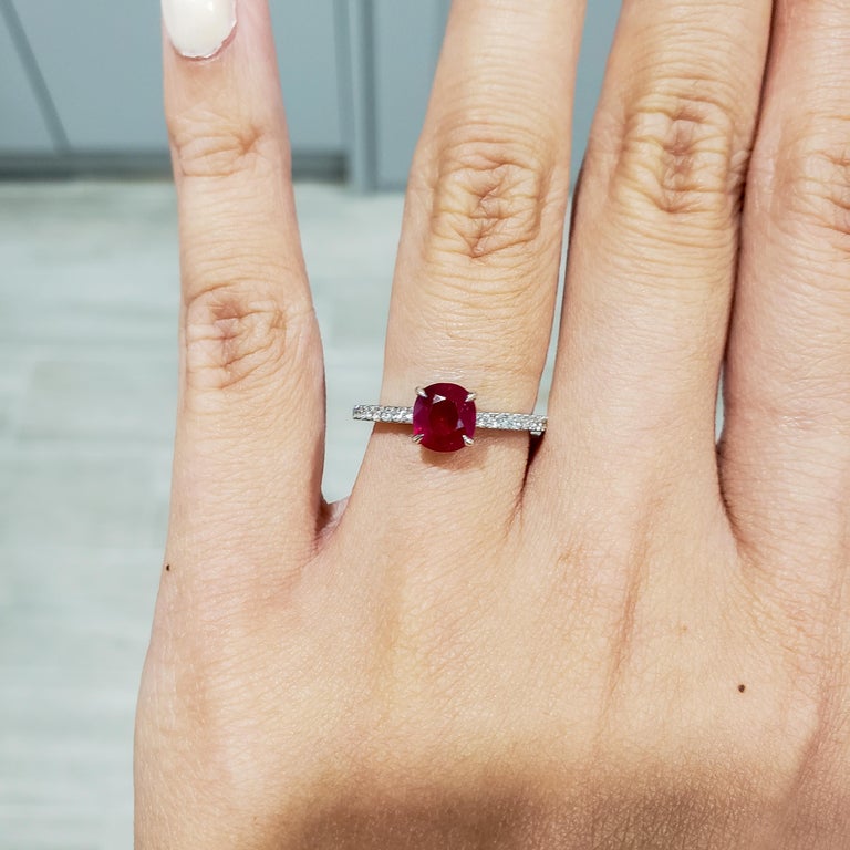Modern Cushion Cut Ruby Diamond Gold Engagement Ring For Sale