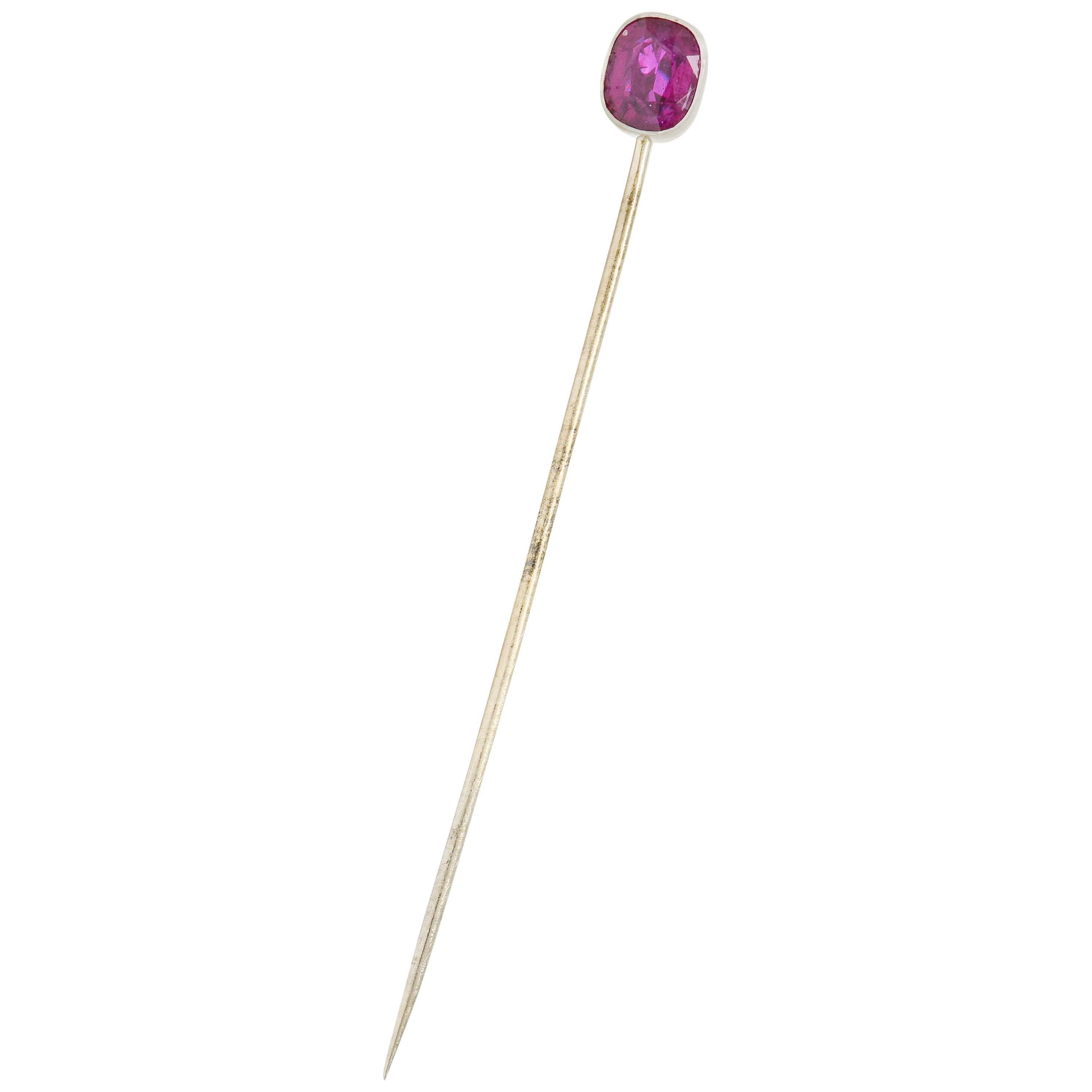 Cushion Cut Ruby Platinum 14 Karat White Gold Stickpin GIA