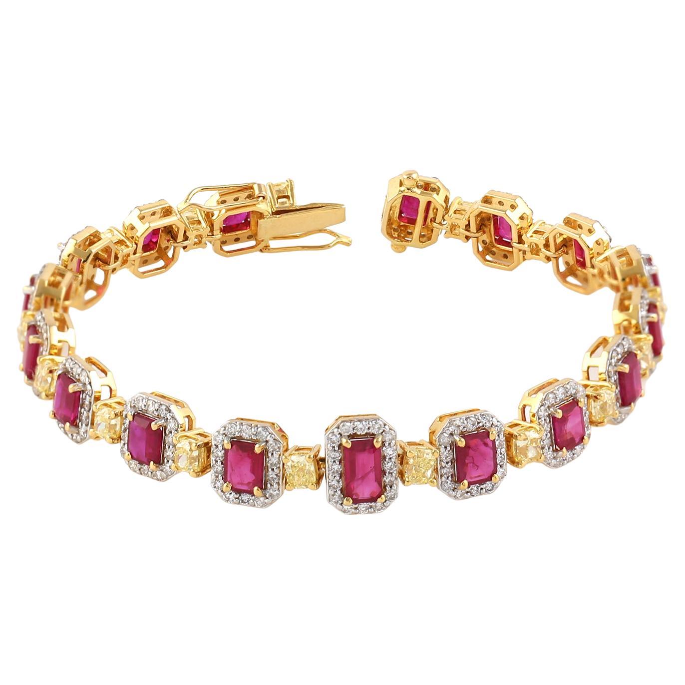 Rubin-Tennisarmband im Kissenschliff in Lünettenfassung aus 18k Gelbgold
