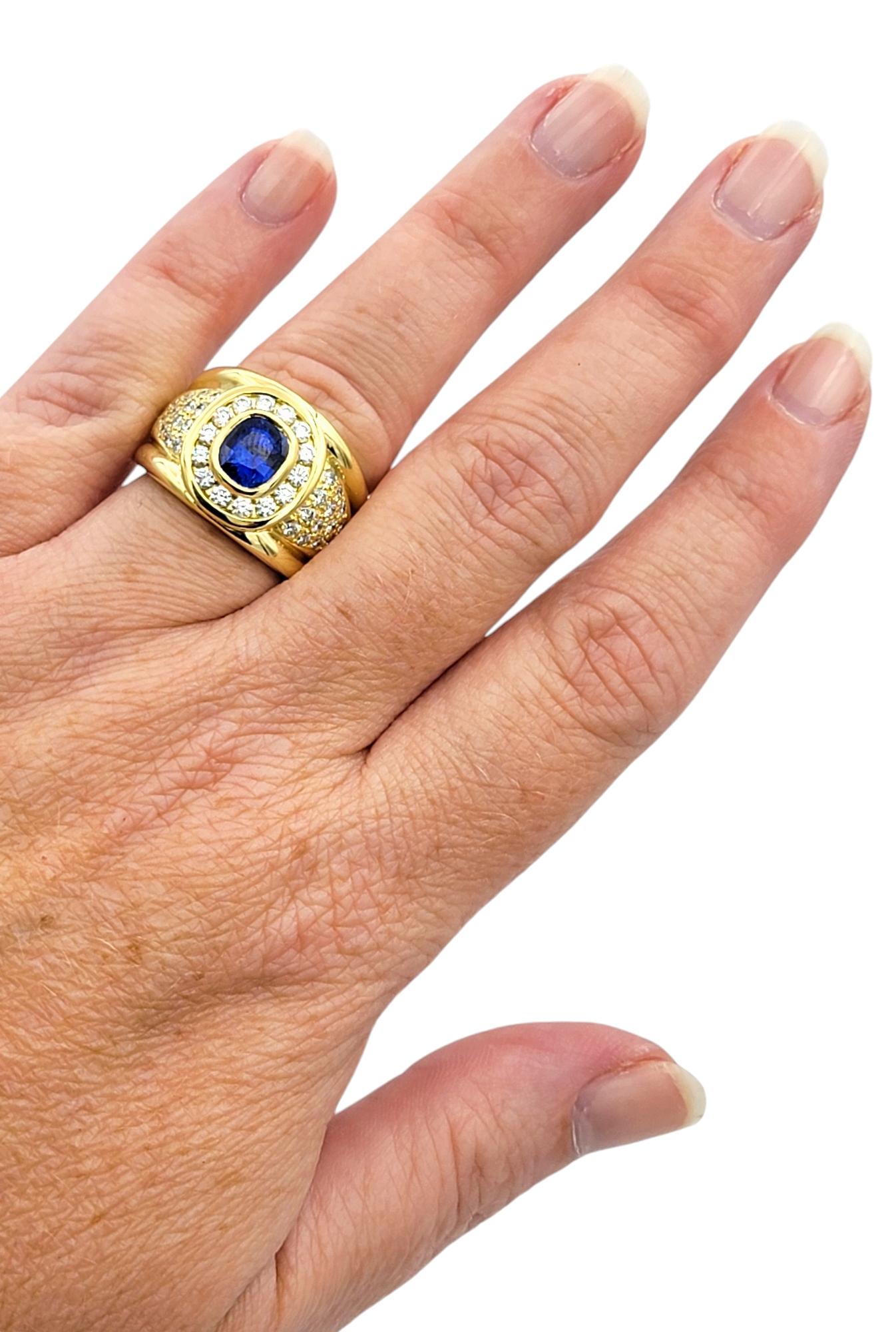 Cushion Cut Sapphire and Diamond Halo Wide Band Ring in 18 Karat Yellow Gold For Sale 5
