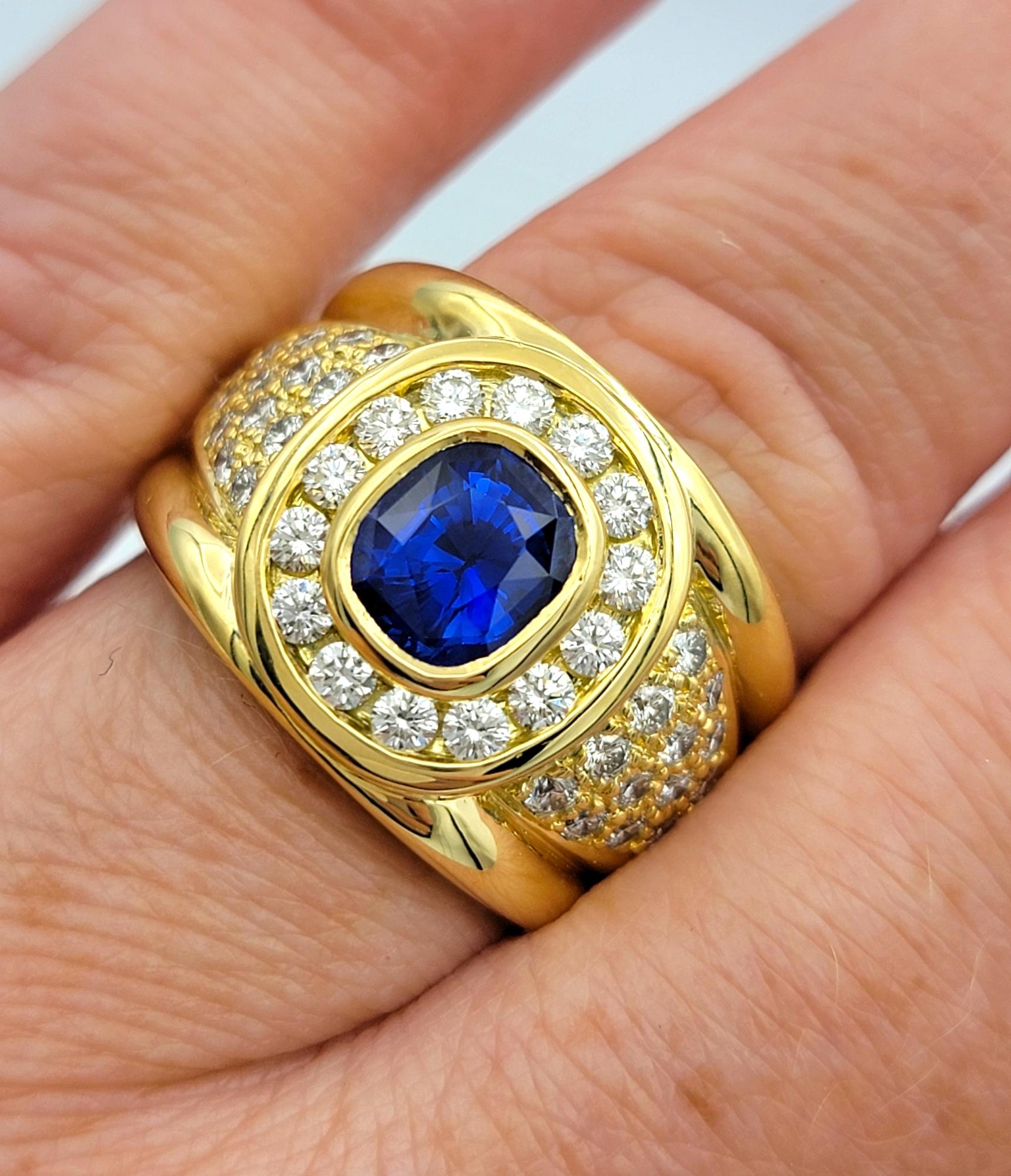 Cushion Cut Sapphire and Diamond Halo Wide Band Ring in 18 Karat Yellow Gold For Sale 6