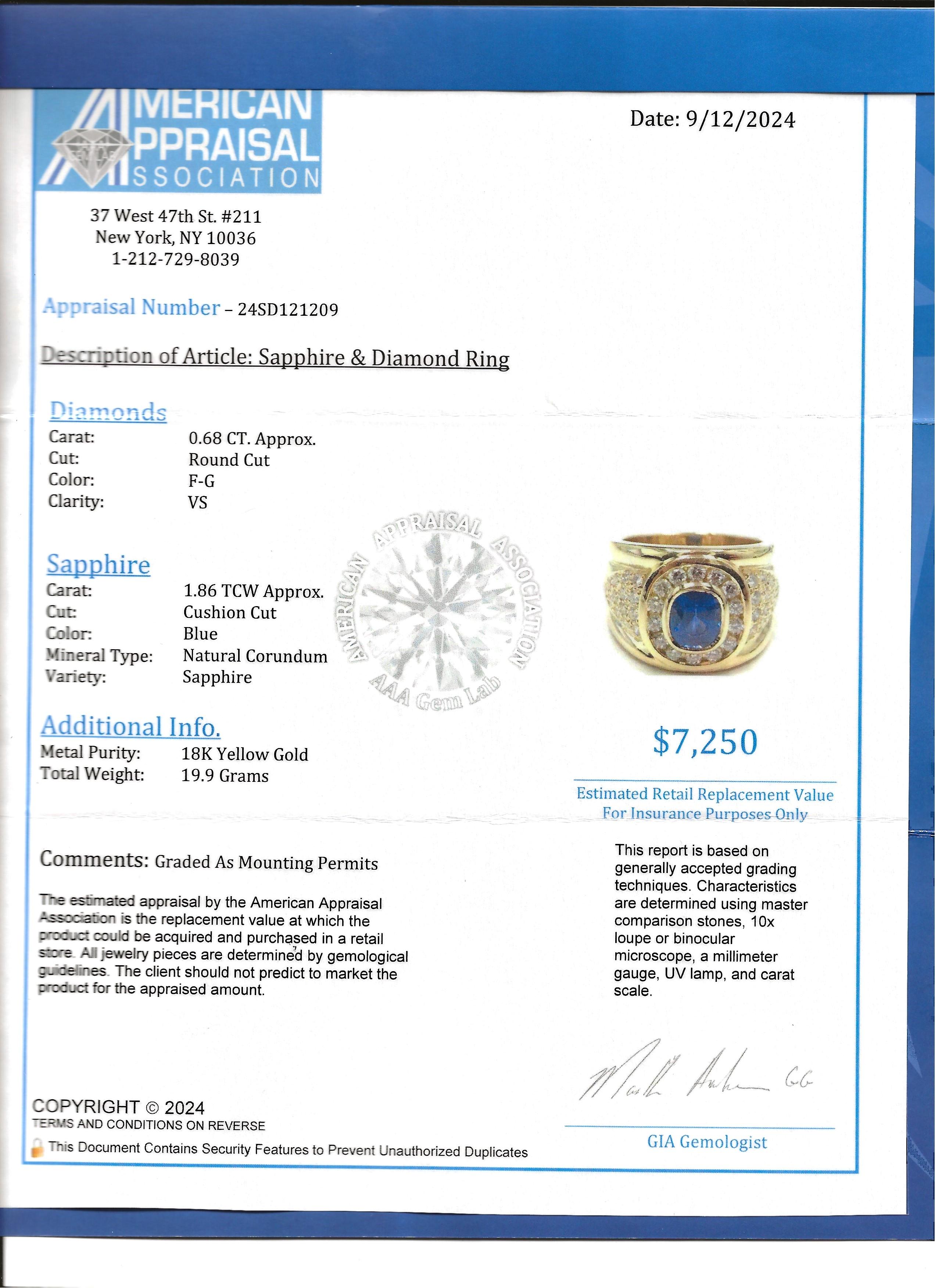 Cushion Cut Sapphire and Diamond Halo Wide Band Ring in 18 Karat Yellow Gold For Sale 7