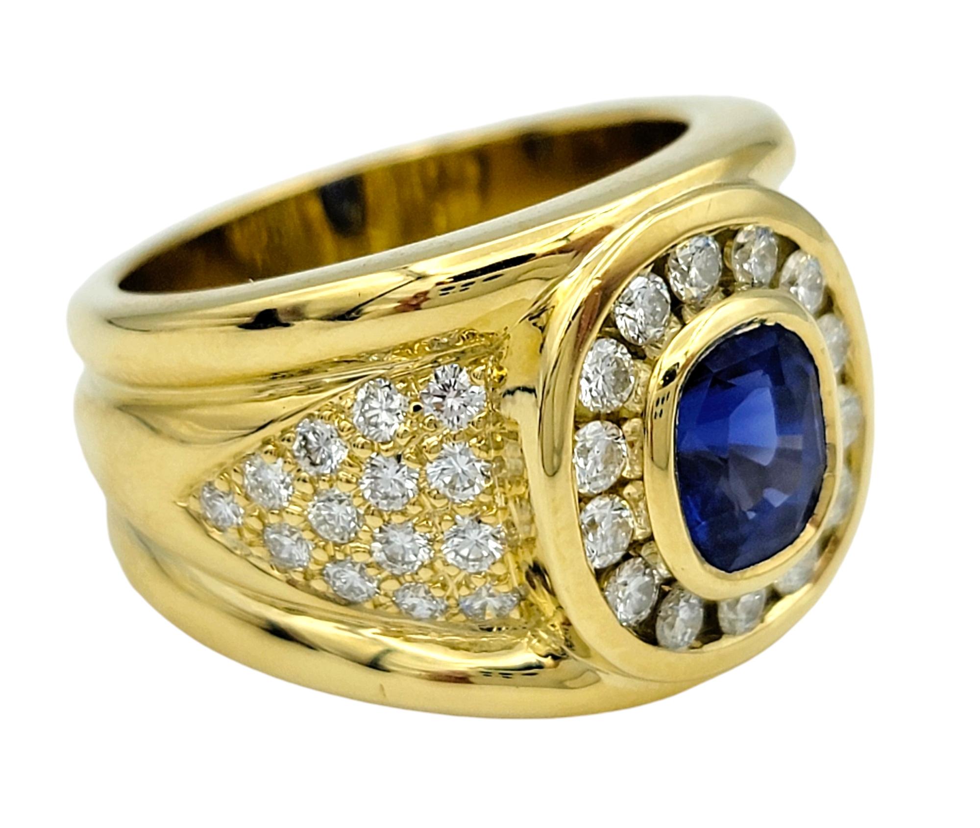 Cushion Cut Sapphire and Diamond Halo Wide Band Ring in 18 Karat Yellow Gold In Good Condition For Sale In Scottsdale, AZ