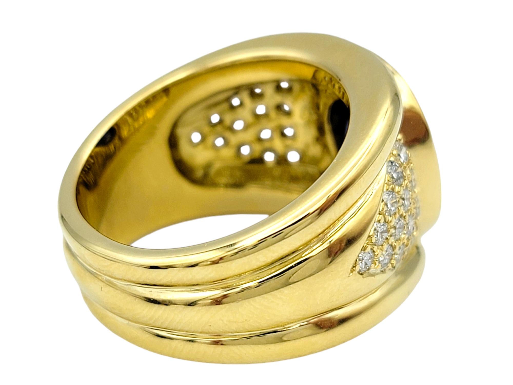 Women's Cushion Cut Sapphire and Diamond Halo Wide Band Ring in 18 Karat Yellow Gold For Sale