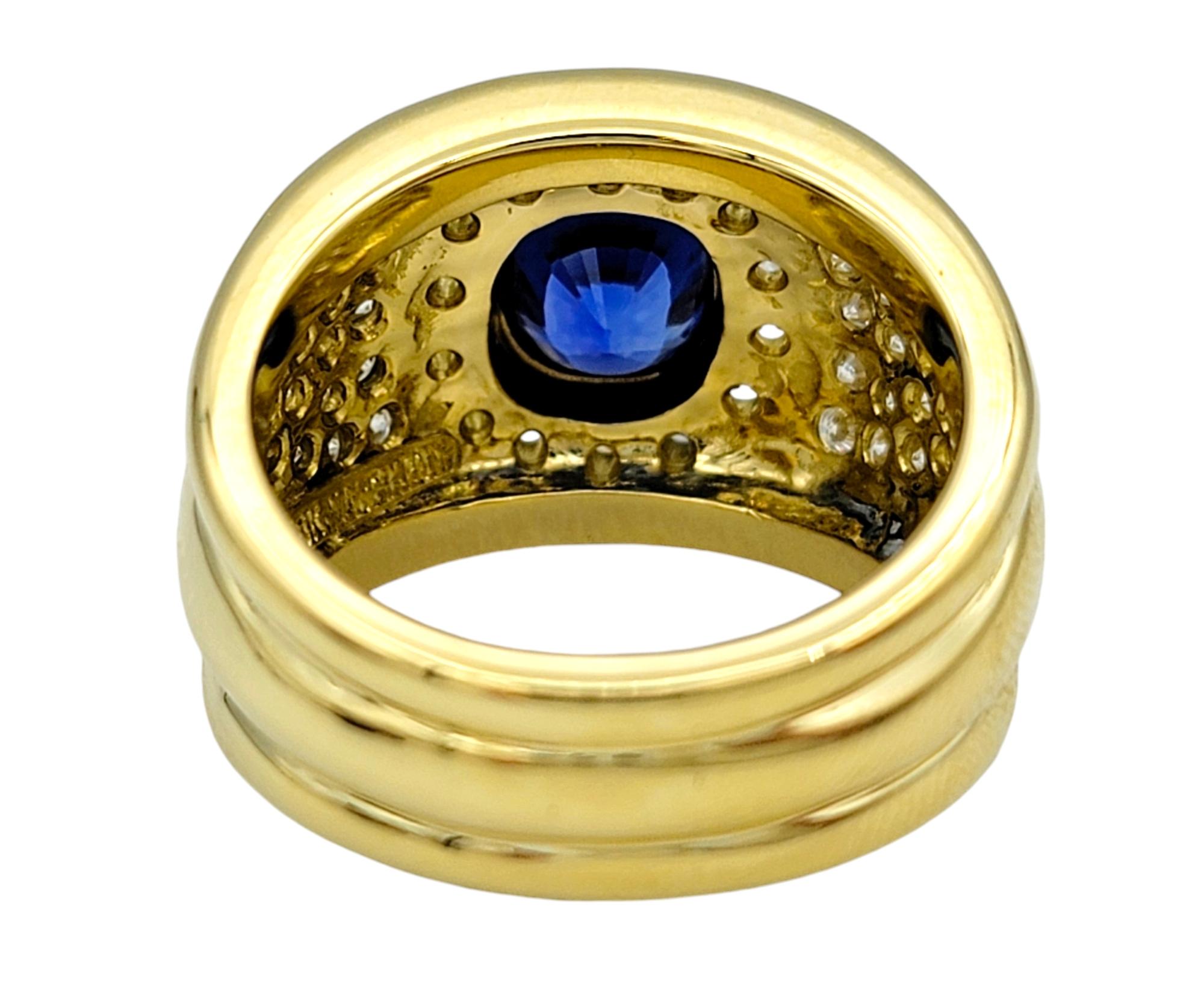 Cushion Cut Sapphire and Diamond Halo Wide Band Ring in 18 Karat Yellow Gold For Sale 1