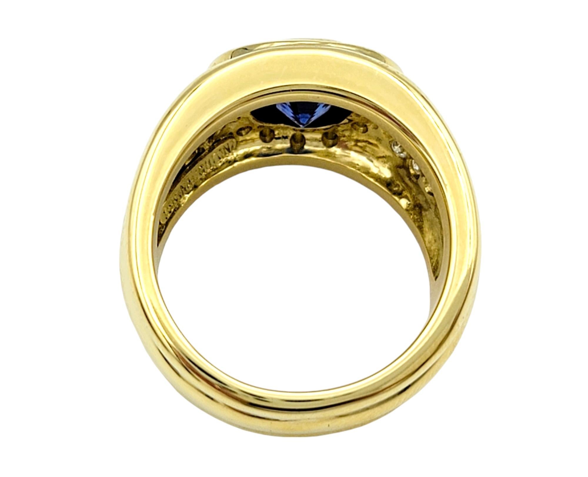 Cushion Cut Sapphire and Diamond Halo Wide Band Ring in 18 Karat Yellow Gold For Sale 2