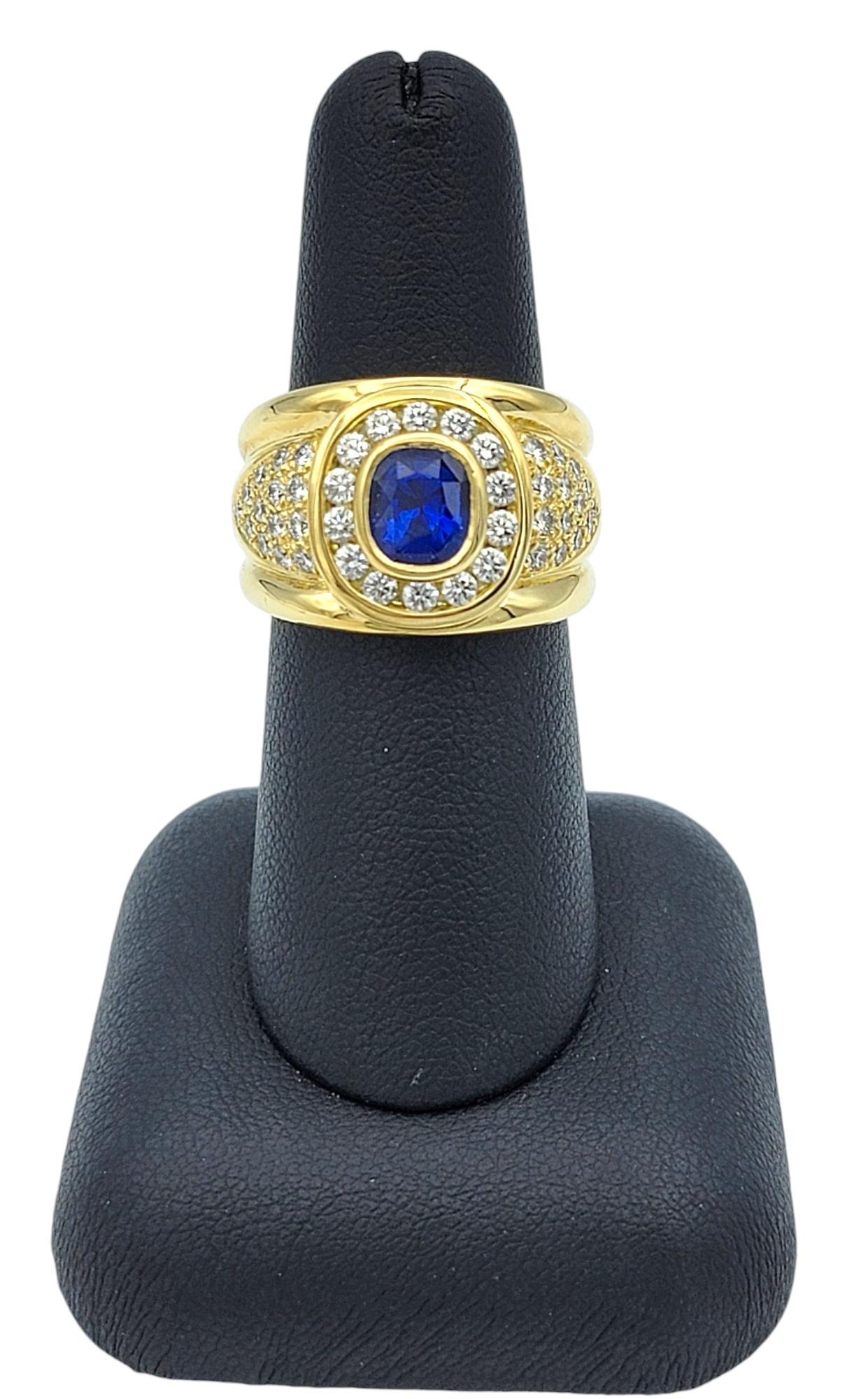 Cushion Cut Sapphire and Diamond Halo Wide Band Ring in 18 Karat Yellow Gold For Sale 3