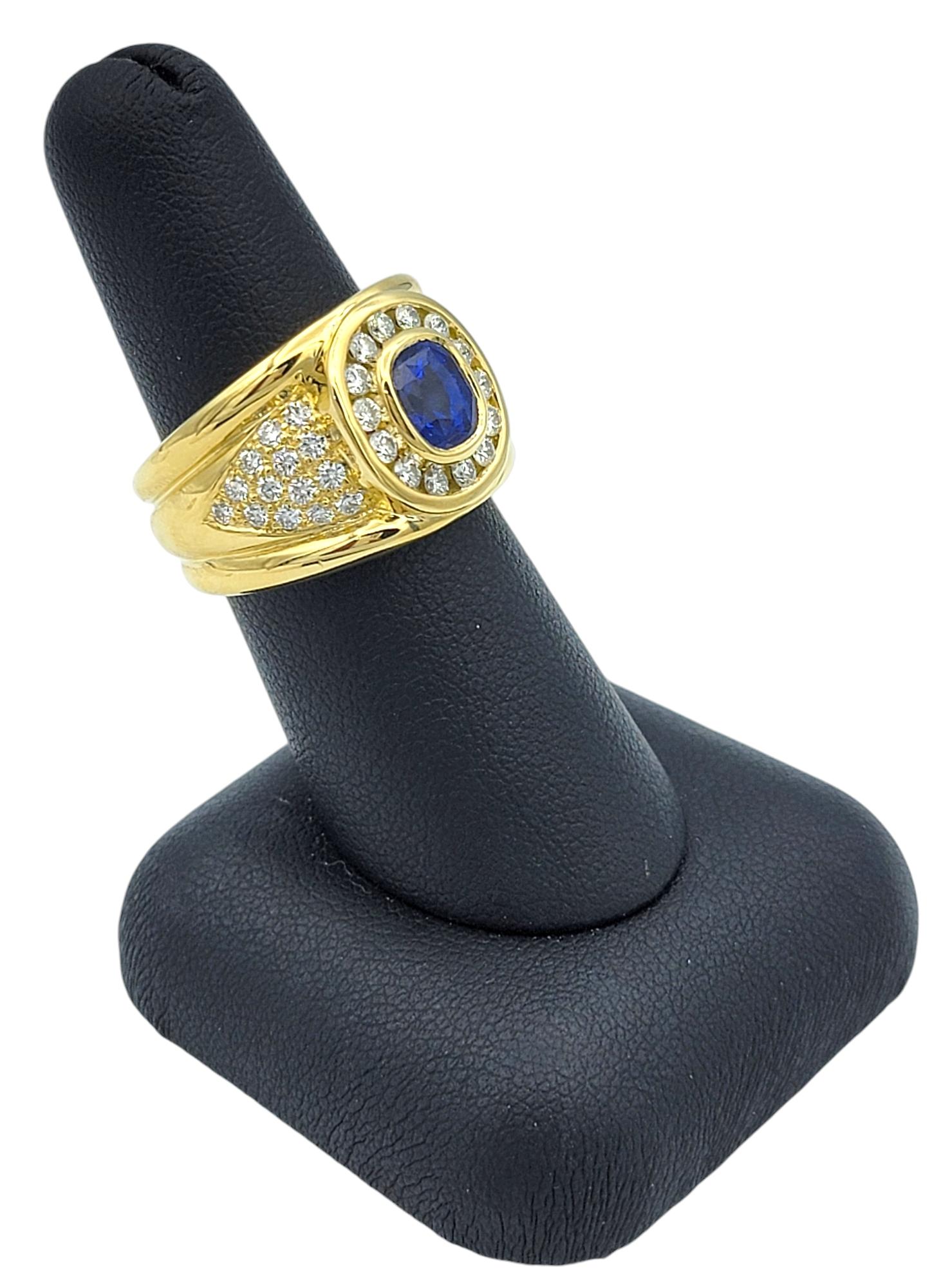 Cushion Cut Sapphire and Diamond Halo Wide Band Ring in 18 Karat Yellow Gold For Sale 4