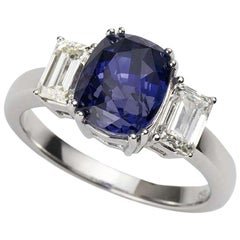 Cushion Cut Sapphire and Diamond 3 Stone Engagement or Cocktail Ring 4.03 Carat