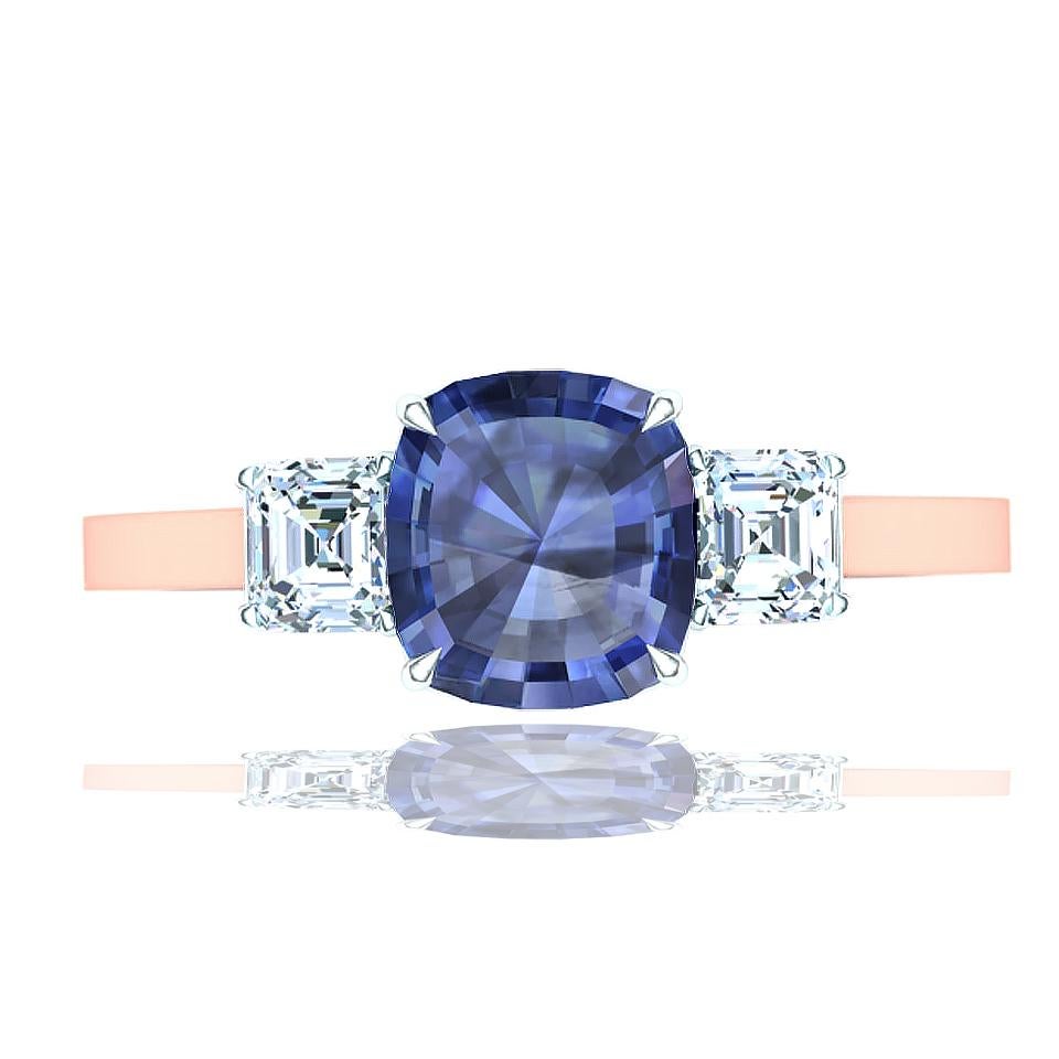 A perfect vintage cushion cut sapphire is shown below as a cornflower Ceylon blue.  The center stone is 1.5 carats apprx. and has a beautiful natural blue color with no heating or treatment this sapphire is what most are looking for. This center