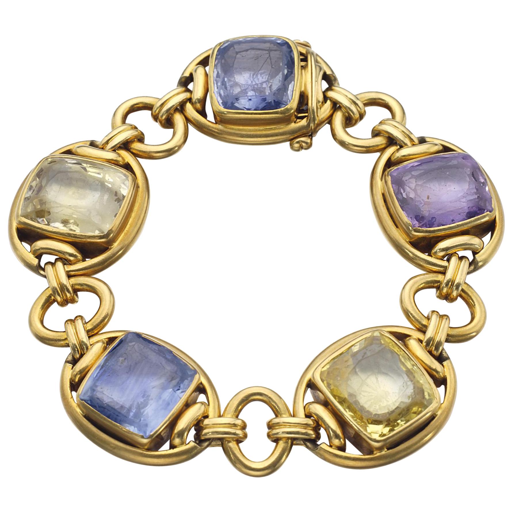 Cushion Cut Sapphire and Gold Link Bracelet
