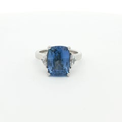 Cushion-Cut 6ct Blue Sapphire and Half-Moon Diamond Three-Stone Ring, Platinum