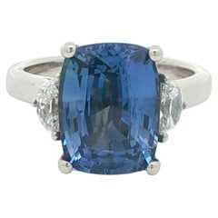 Cushion-Cut 6ct Blue Sapphire and Half-Moon Diamond Three-Stone Ring, Platinum