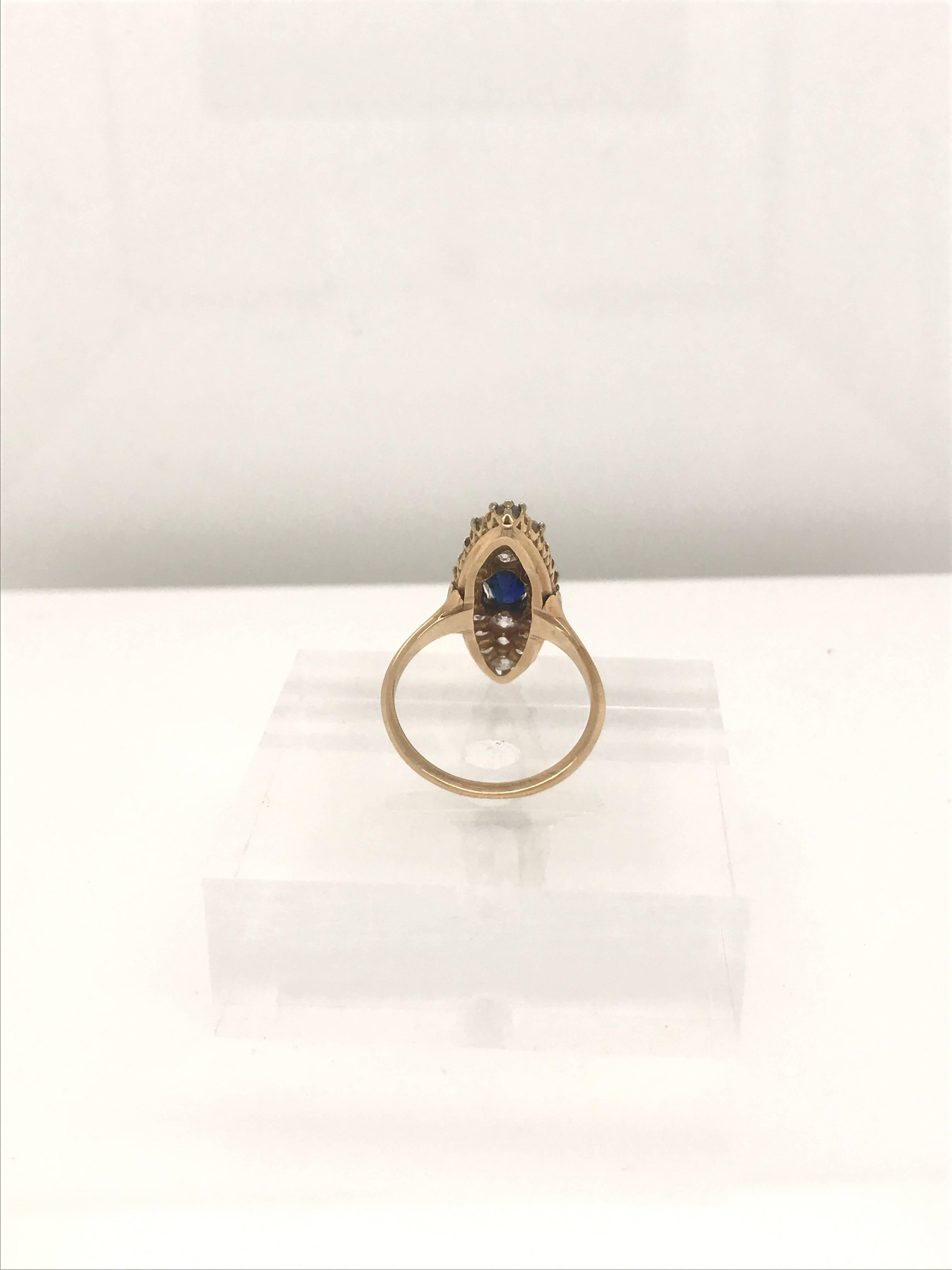 Victorian Cushion Cut Sapphire and Old Mine Cut Diamond Ring, 14 Karat Yellow Gold For Sale