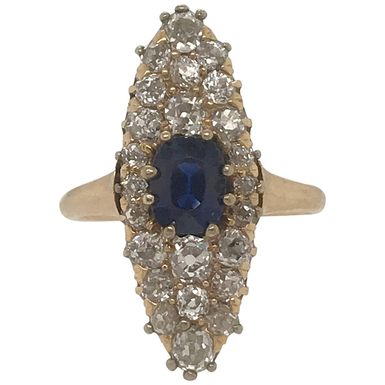 Cushion Cut Sapphire and Old Mine Cut Diamond Ring, 14 Karat Yellow Gold For Sale