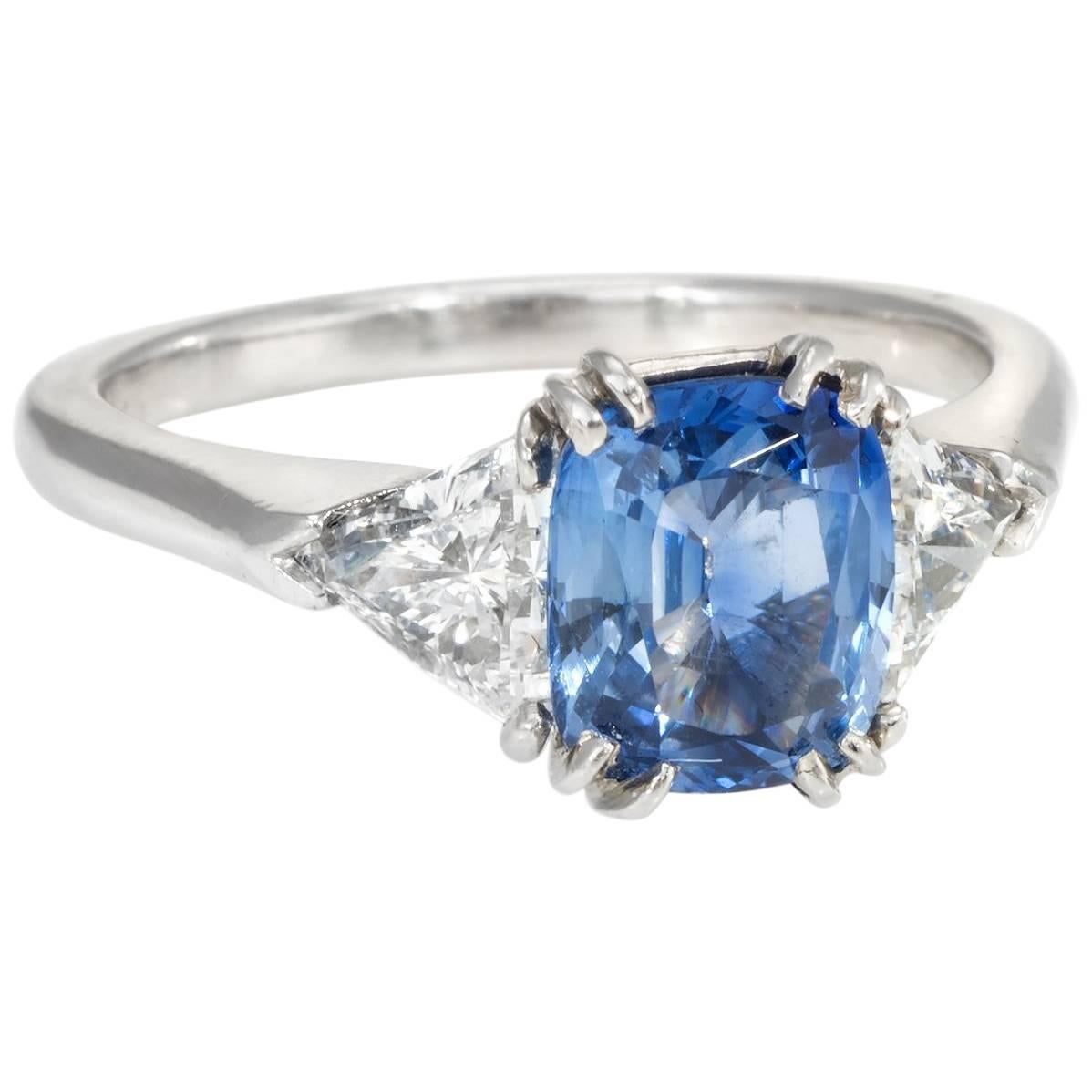 Cushion Cut Sapphire Diamond Engagement Ring Platinum Vintage Jewelry