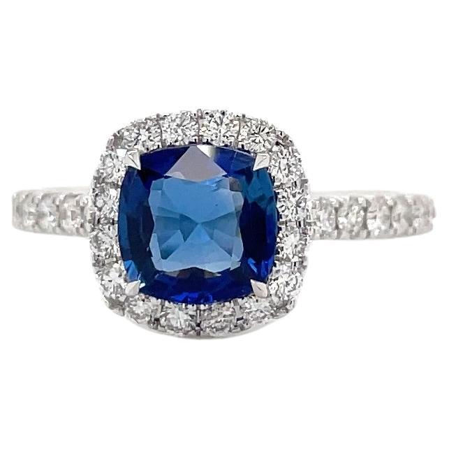 Cushion Cut Sapphire & Diamond Halo Ring in White Gold For Sale