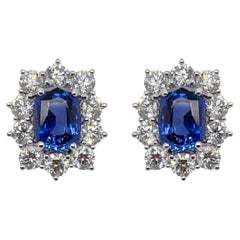 Cushion Cut Sapphire & Diamond Halo Stud Earrings in 18K White Gold