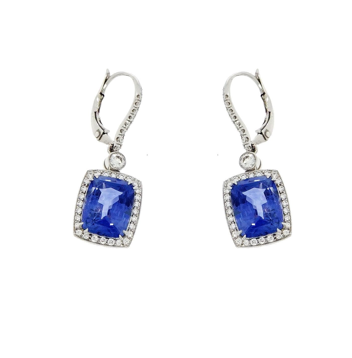 Cushion Cut Unheated Ceylon Sapphire Diamond Platinum Drop Earrings 2