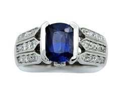 Cushion Cut Blue Sapphire and Multi Row Diamond Band Ring in 14 Karat White Gold