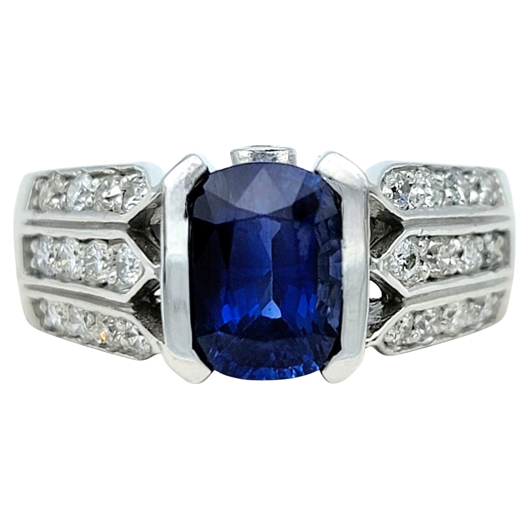 Cushion Cut Sapphire with Diamond Band Cocktail Ring in 14 Karat White Gold