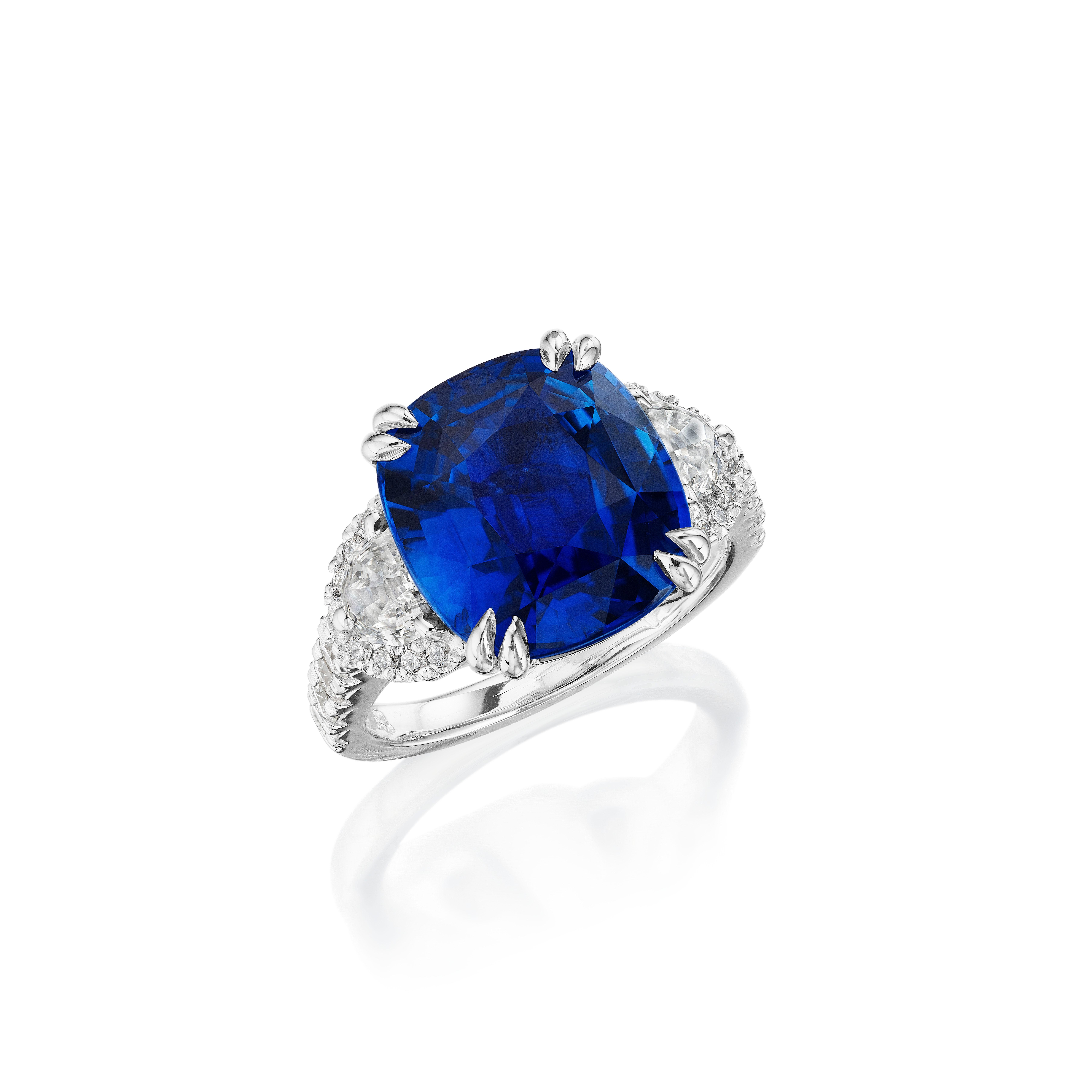 Modern Cushion Cut Sri Lanka Sapphire & Half Moon Diamond Ring with Diamond Halos For Sale