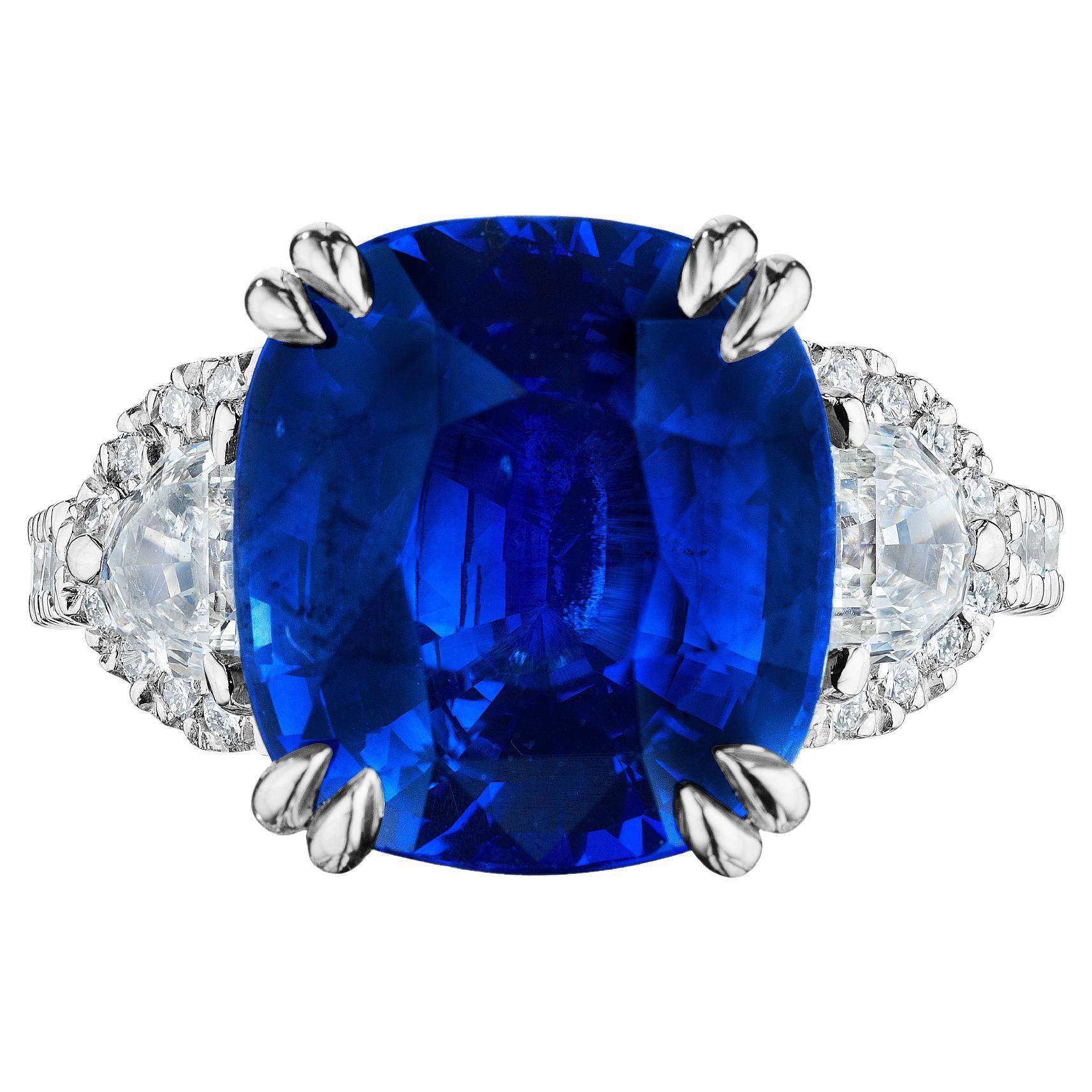 Cushion Cut Sri Lanka Sapphire & Half Moon Diamond Ring with Diamond Halos For Sale