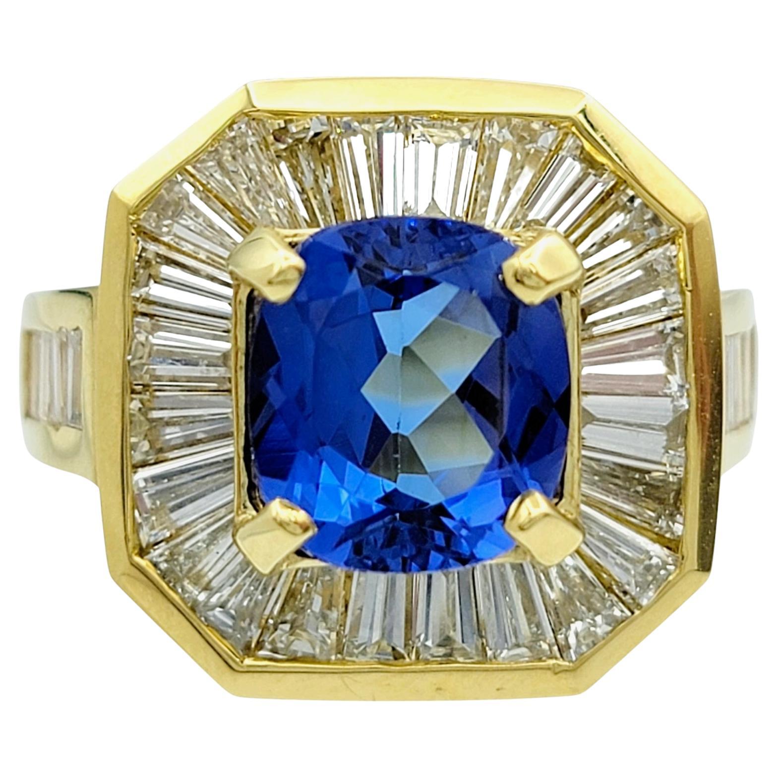 Cushion Cut Tanzanite and Baguette Diamond Octagonal 18 Karat Yellow Gold Ring