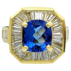 Cushion Cut Tanzanite and Baguette Diamond Octagonal 18 Karat Yellow Gold Ring