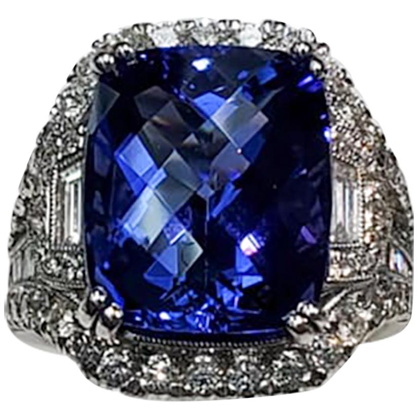 Cushion Cut Tanzanite and Diamond 3-Stone Ring For Sale