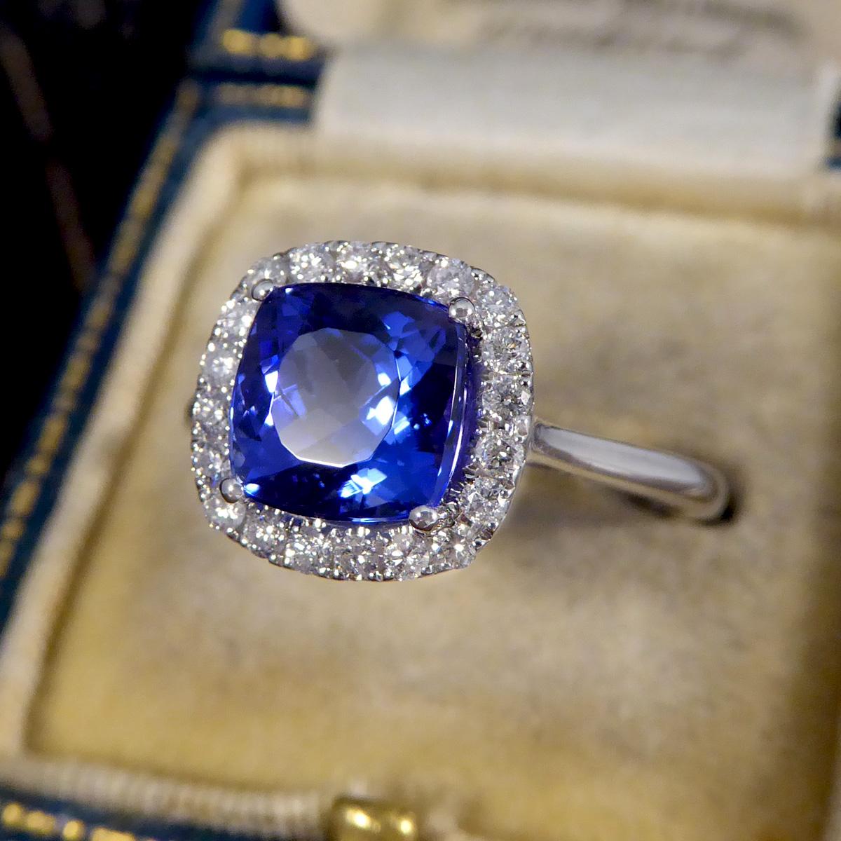 Cushion Cut Tanzanite and Diamond Cluster Ring in White Gold For Sale 3