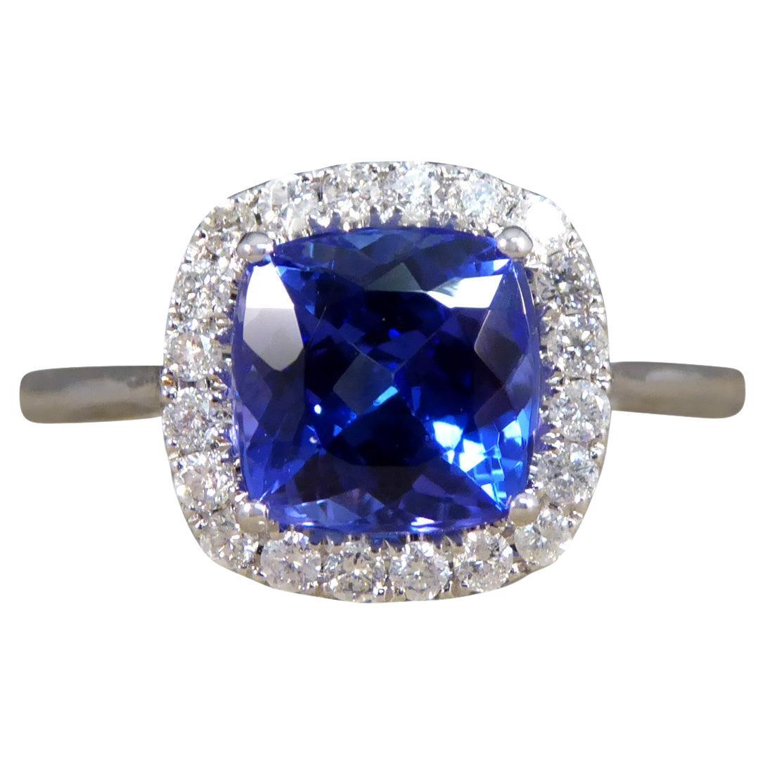 Cushion Cut Tanzanite and Diamond Cluster Ring in White Gold For Sale