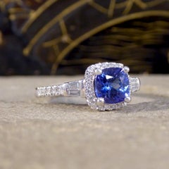Cushion Cut Tanzanite and Diamond Cluster Ring with Tapered Baguette Shoulders i