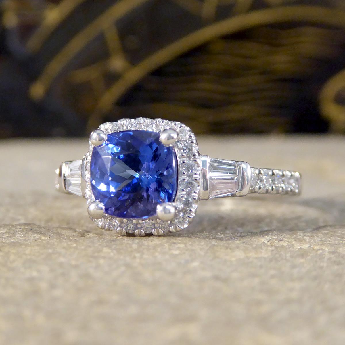 Women's Cushion Cut Tanzanite and Diamond Cluster Ring with Tapered Baguette Shoulders i For Sale