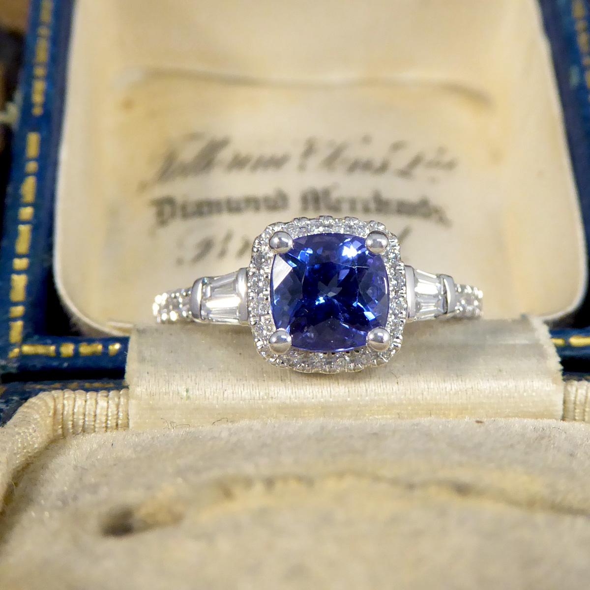 Cushion Cut Tanzanite and Diamond Cluster Ring with Tapered Baguette Shoulders i For Sale 1